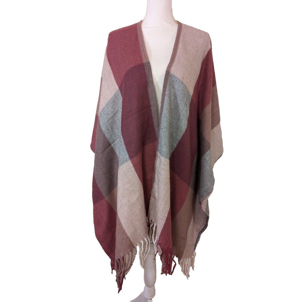 Woolrich Plaid Poncho Sweater One Size Maroon Pink Wrap Shawl Tassel Cape OS